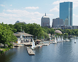 View of Community Boating and the Boston skyline.